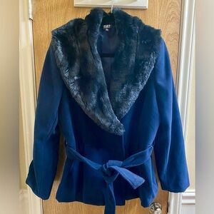 Alex Marie Navy Blue Pea Coat with Faux Fur Collar